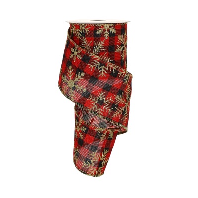 red and black plaid ribbon with gold glitter snowflake