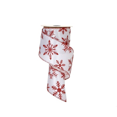 white satin ribbon with red glitter snowflake