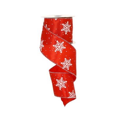 red satin ribbon with white snowflake